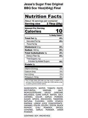 Jesses Sugar Free Original BBQ Sce 16oz454g Final – Nutrition Label